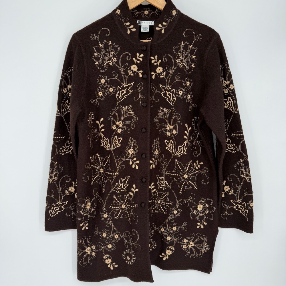 Carole Little Coat 100% Wool Brown Embroidered Floral Cottagecore Artsy Large